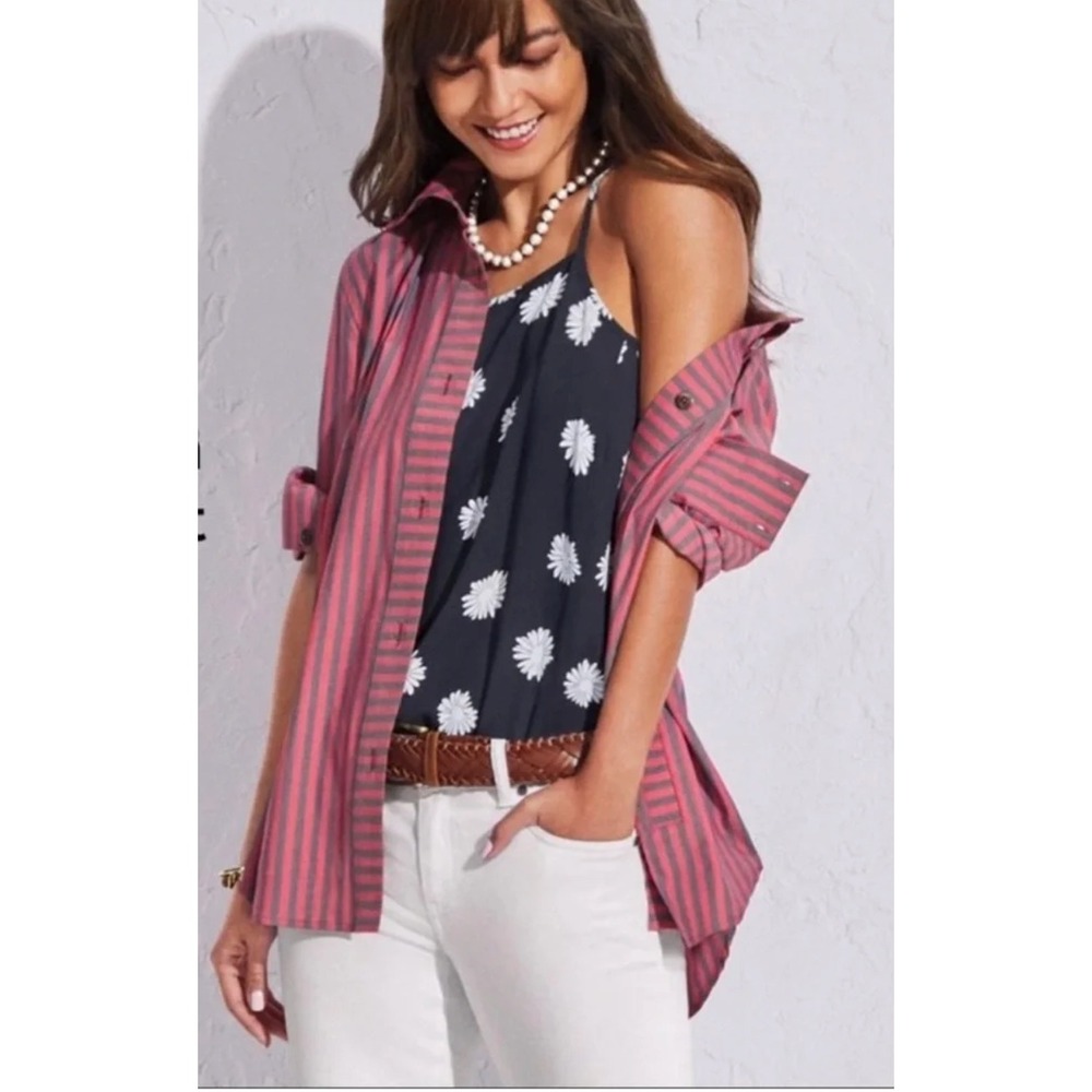 Cabi Ragatta Shacket Button Front Blouse Women M Red Grey Striped Nautical